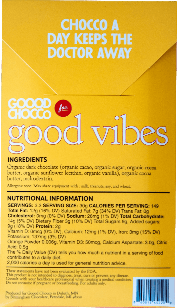 Back of the Good Vibes box with ingredients and nutrition panel